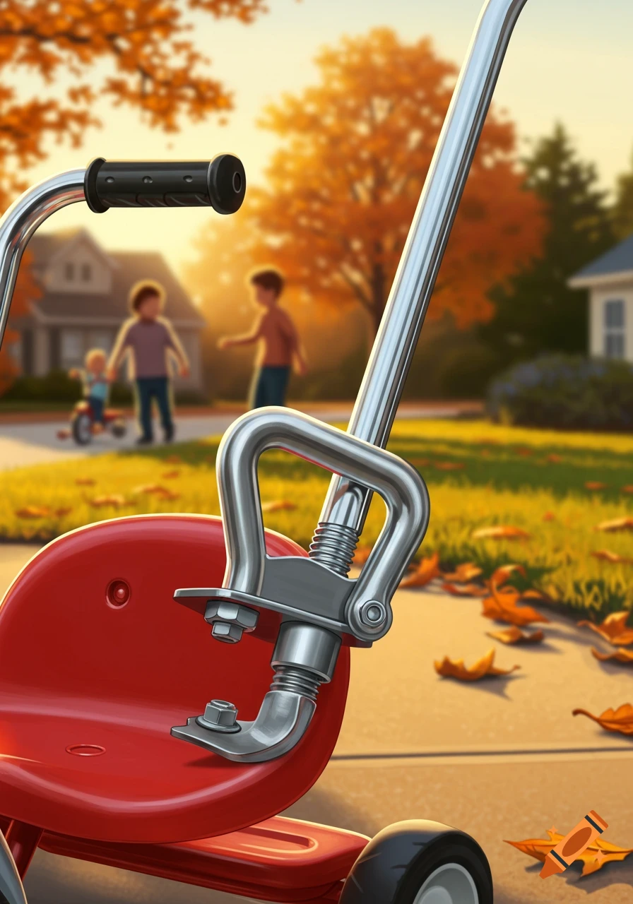 Close-up of a red tricycle with chrome handlebars, with blurred children playing in an autumn neighborhood background.