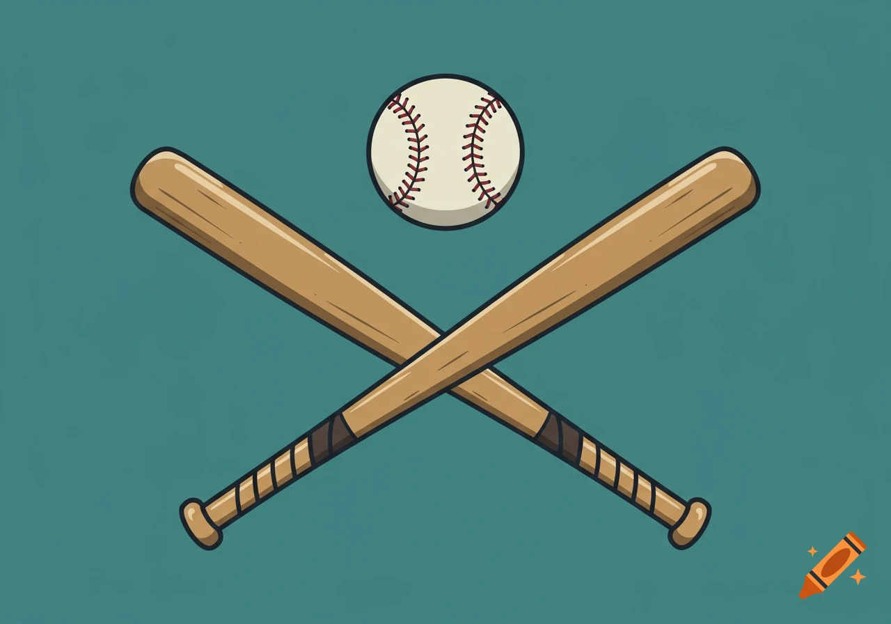 Two crossed wooden baseball bats with a baseball centered above them, against a teal background in a cartoon style.