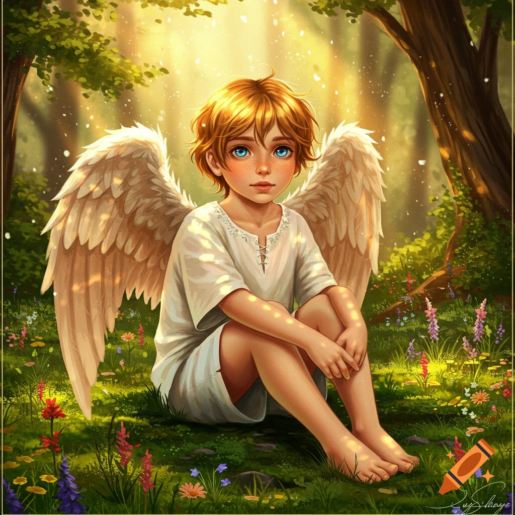 A beautiful boy with golden hair, blue eyes, and large white wings sits in a sunlit forest among wildflowers.