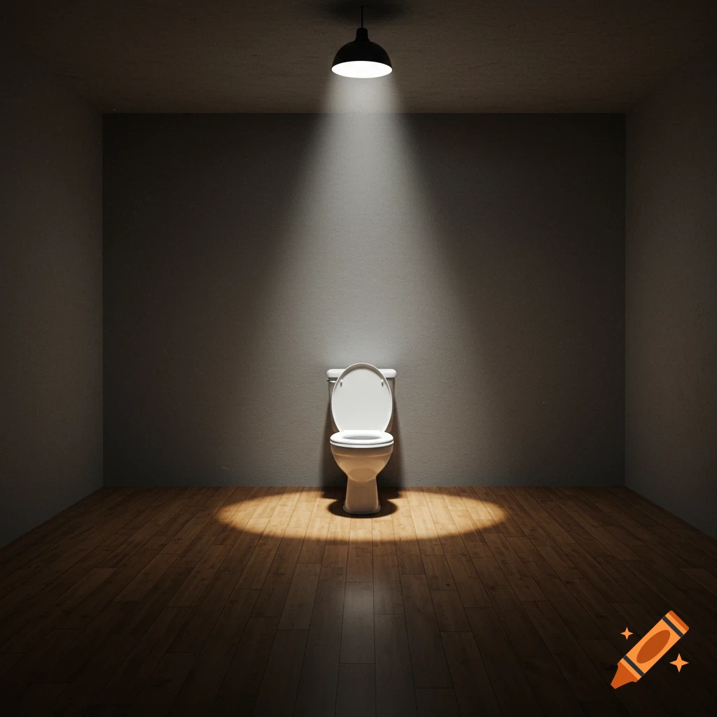 A white toilet stands in the center of a dark, empty room with a wooden floor, illuminated by an overhead spotlight. Photorealistic.