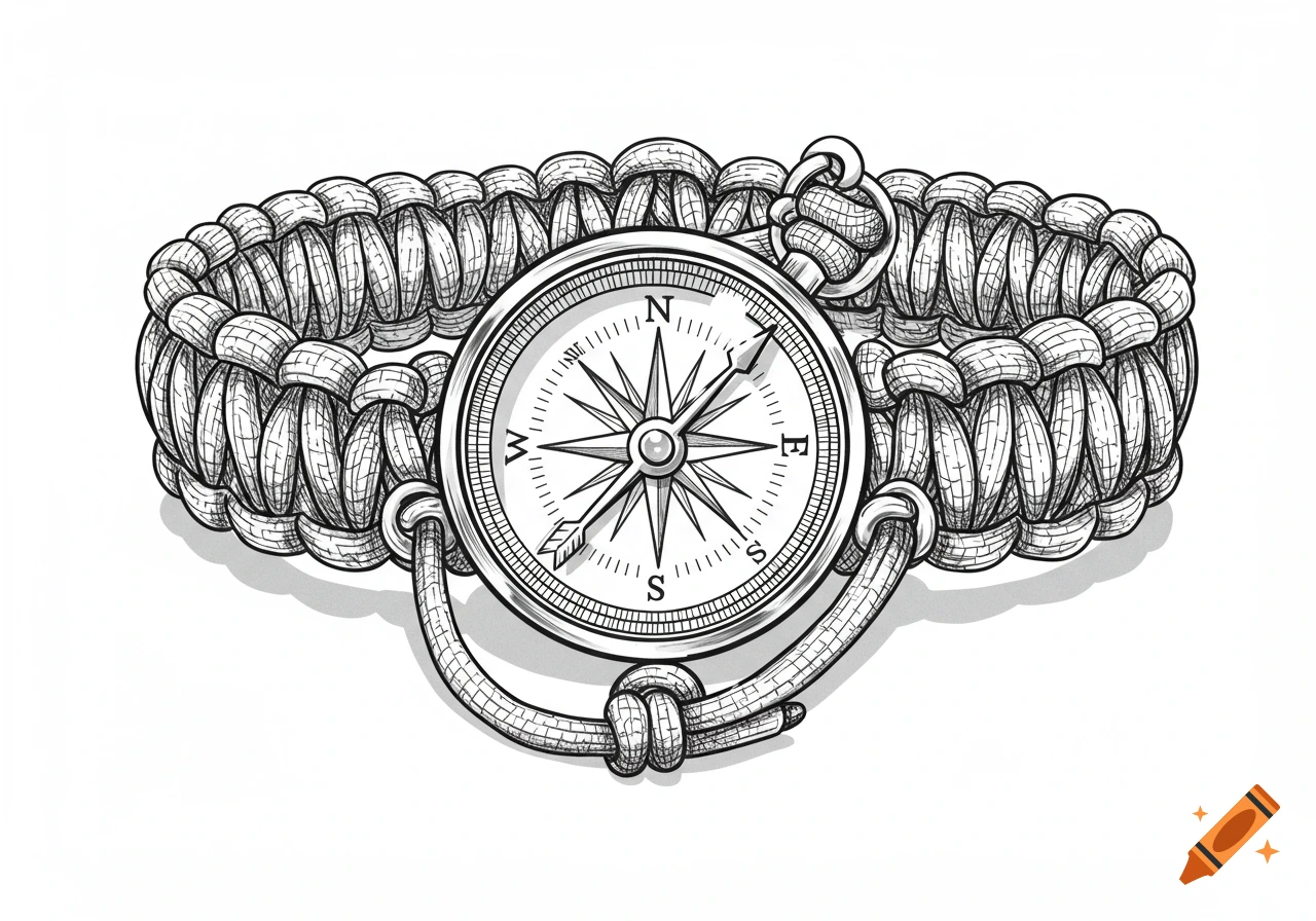 Black and white line drawing of a paracord bracelet with a compass embedded in the center, in a coloring book style.