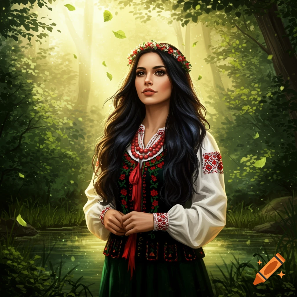 A beautiful woman with long dark hair, wearing a red and white floral wreath and an embroidered traditional Polish dress, stands in a sunlit forest next to a calm stream.