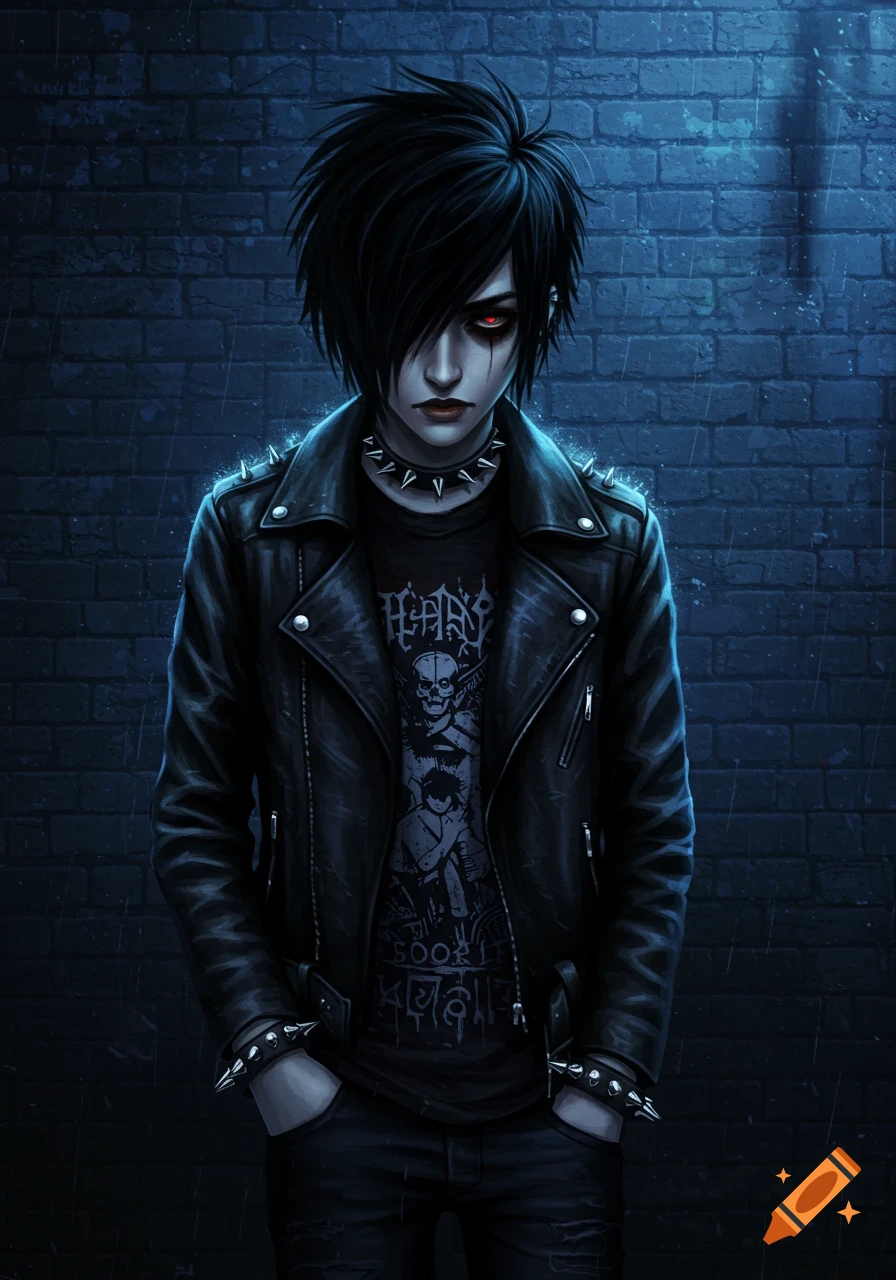 A digital art portrait of an emo person with black spiked hair and red eyes, wearing a black leather jacket and a graphic t-shirt, standing against a blue brick wall.