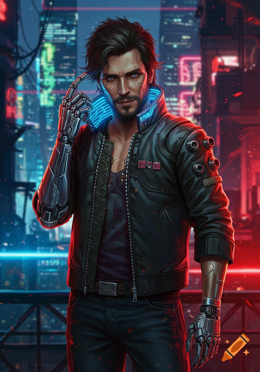 A stylized illustration of a man with cybernetic implants and glowing blue eyes, wearing a black leather jacket with a neon collar, standing in a futuristic city at night.