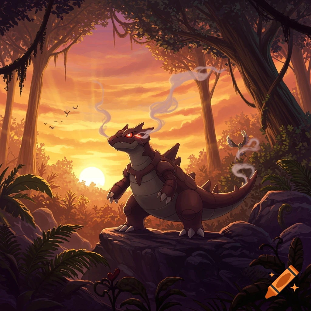 A red, spiky dinosaur-like creature with glowing eyes stands on a rock in a tropical jungle at sunset, smoking from its head.