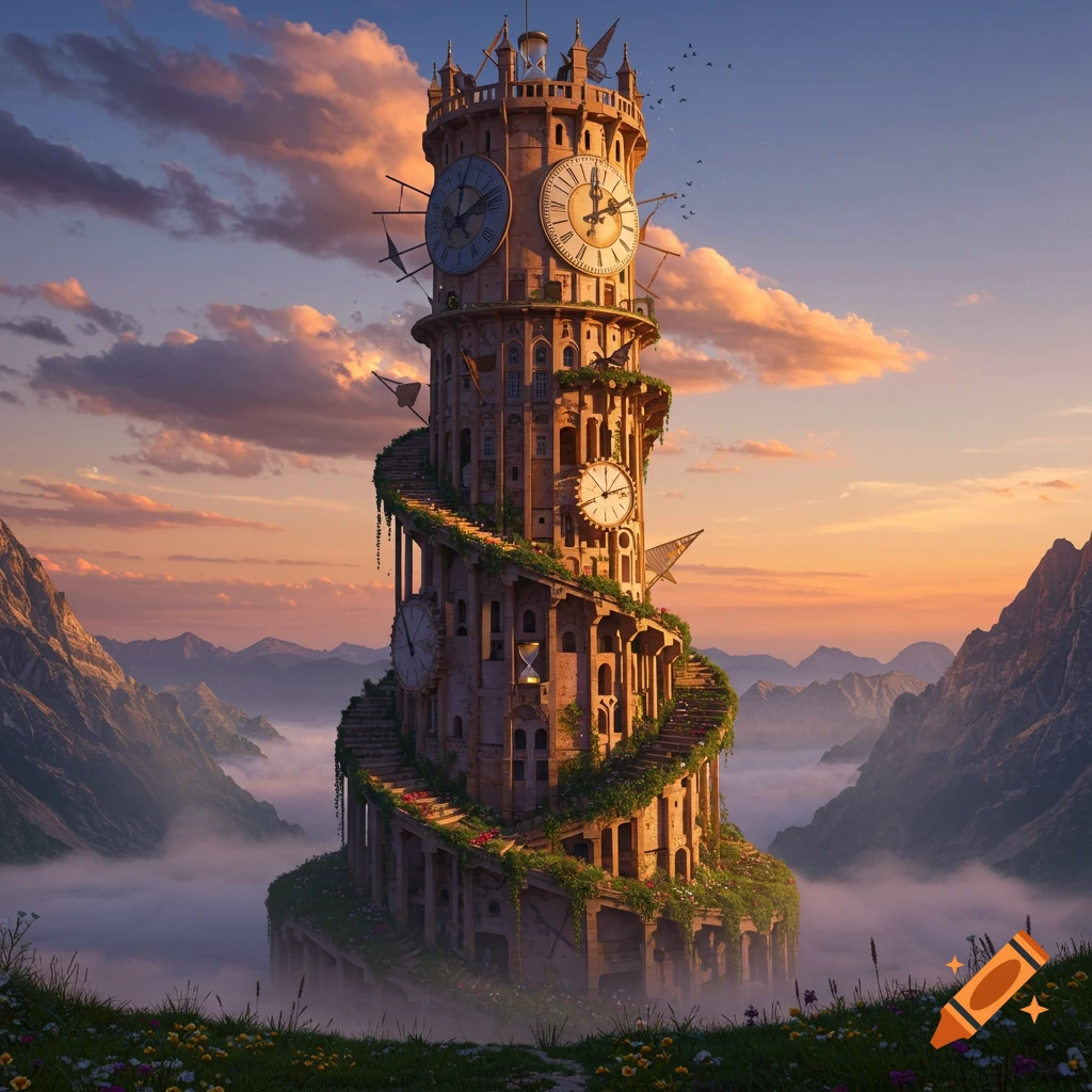 A tall, ancient-looking clock tower with a winding staircase, overgrown with green vines, stands amidst misty mountains at sunset. Grassy foreground.