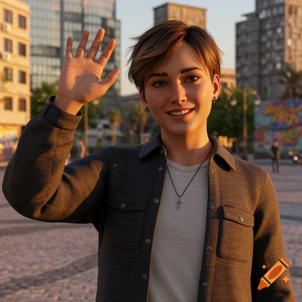 A photorealistic image of a young person with short brown hair smiling and waving on a city street at sunset.
