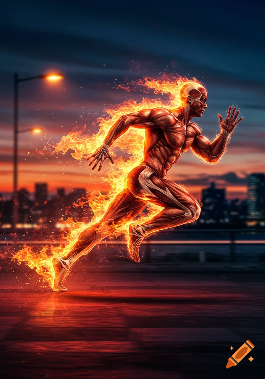 A muscular anatomical figure, appearing to be on fire, sprints forward at dusk on a paved surface with city lights in the background.