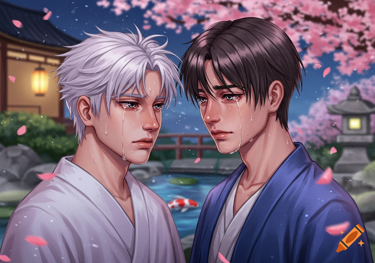 Two anime-style men, one with white hair, one with dark, crying in a cherry blossom-filled Japanese garden at night with a koi pond.