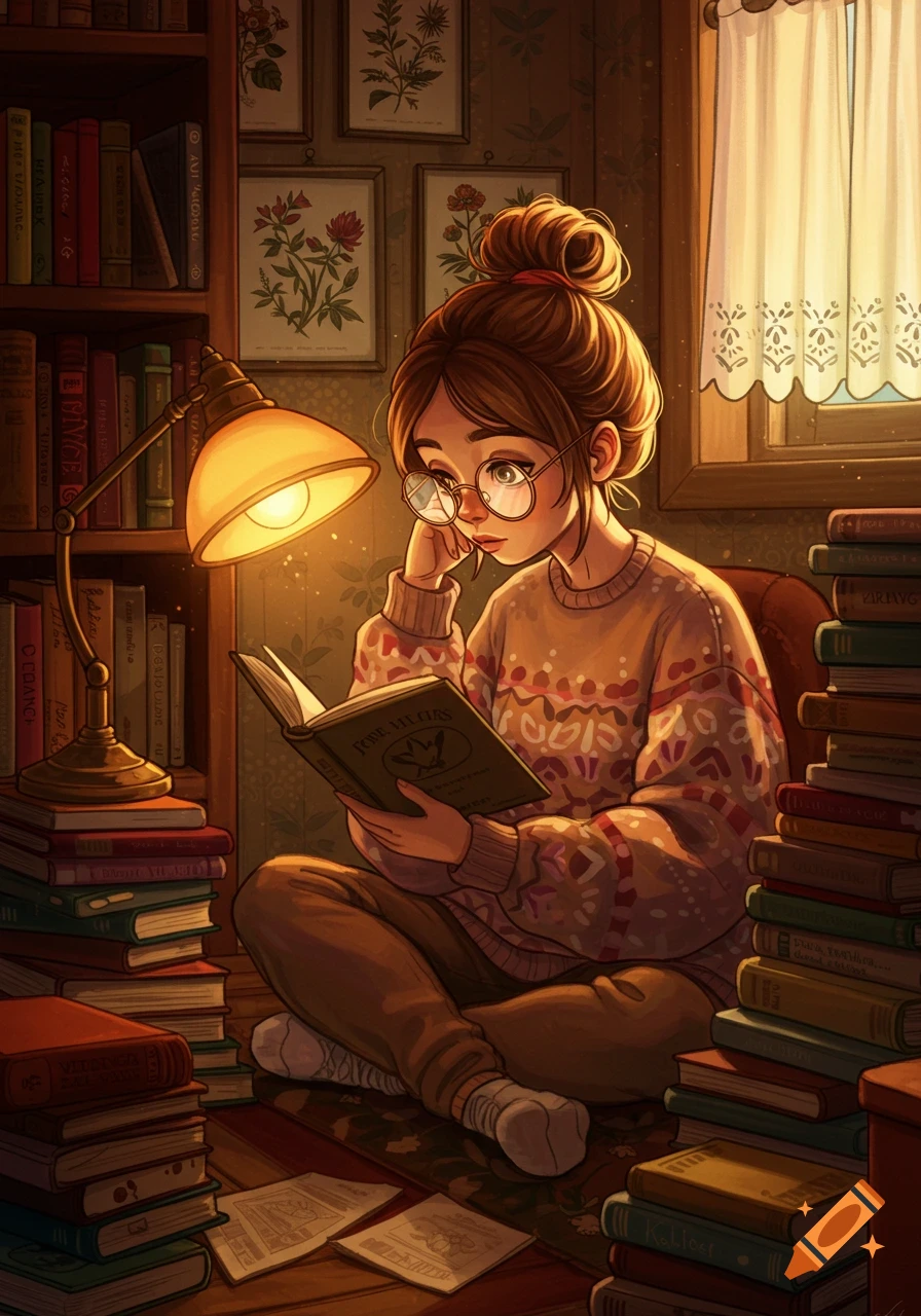An illustrated image of a nerdy girl with glasses and a bun, sitting on the floor surrounded by books, reading under a desk lamp.