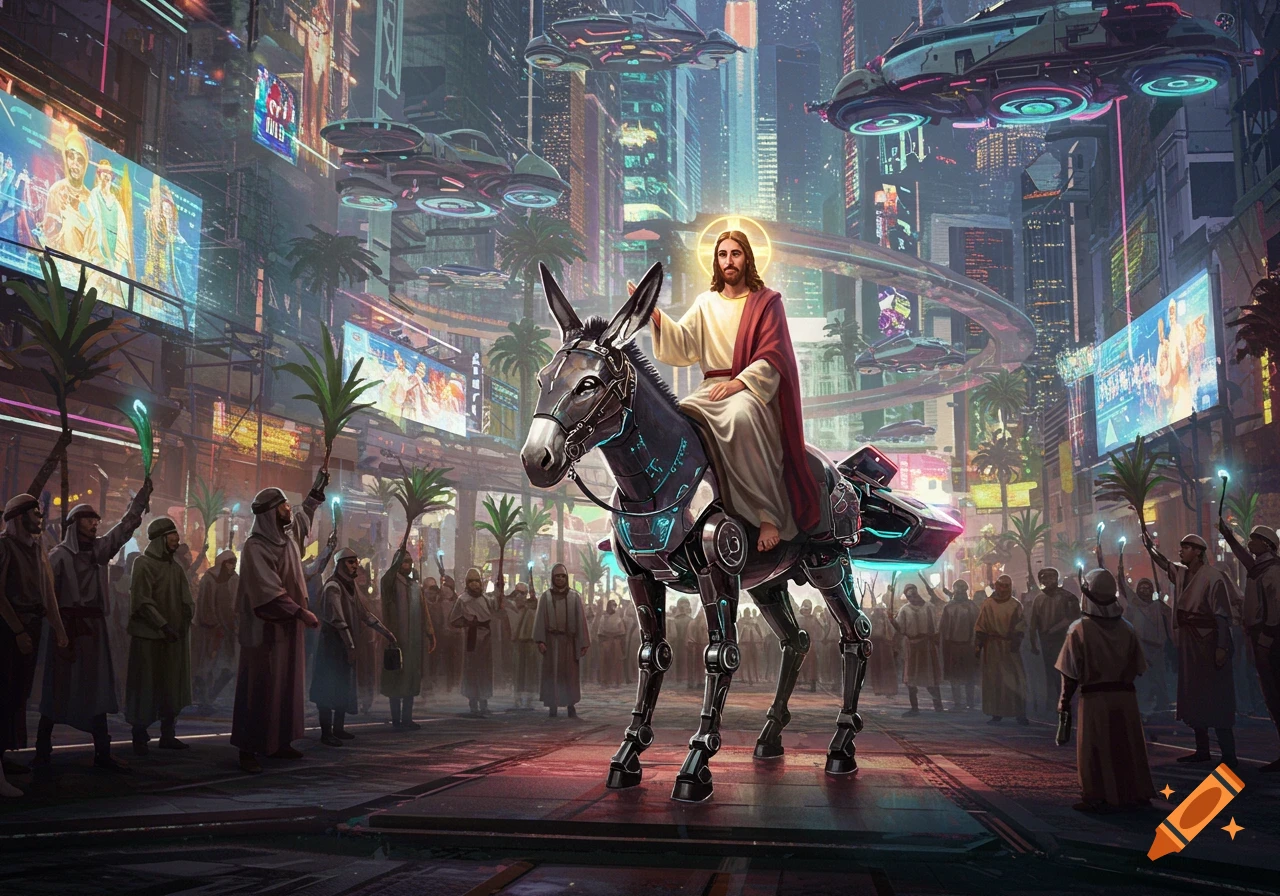 Jesus rides a glowing robotic donkey through a neon-lit cyberpunk city, with a crowd of people in futuristic robes waving energy-infused palm branches. Flying vehicles hover above towering megastructures.