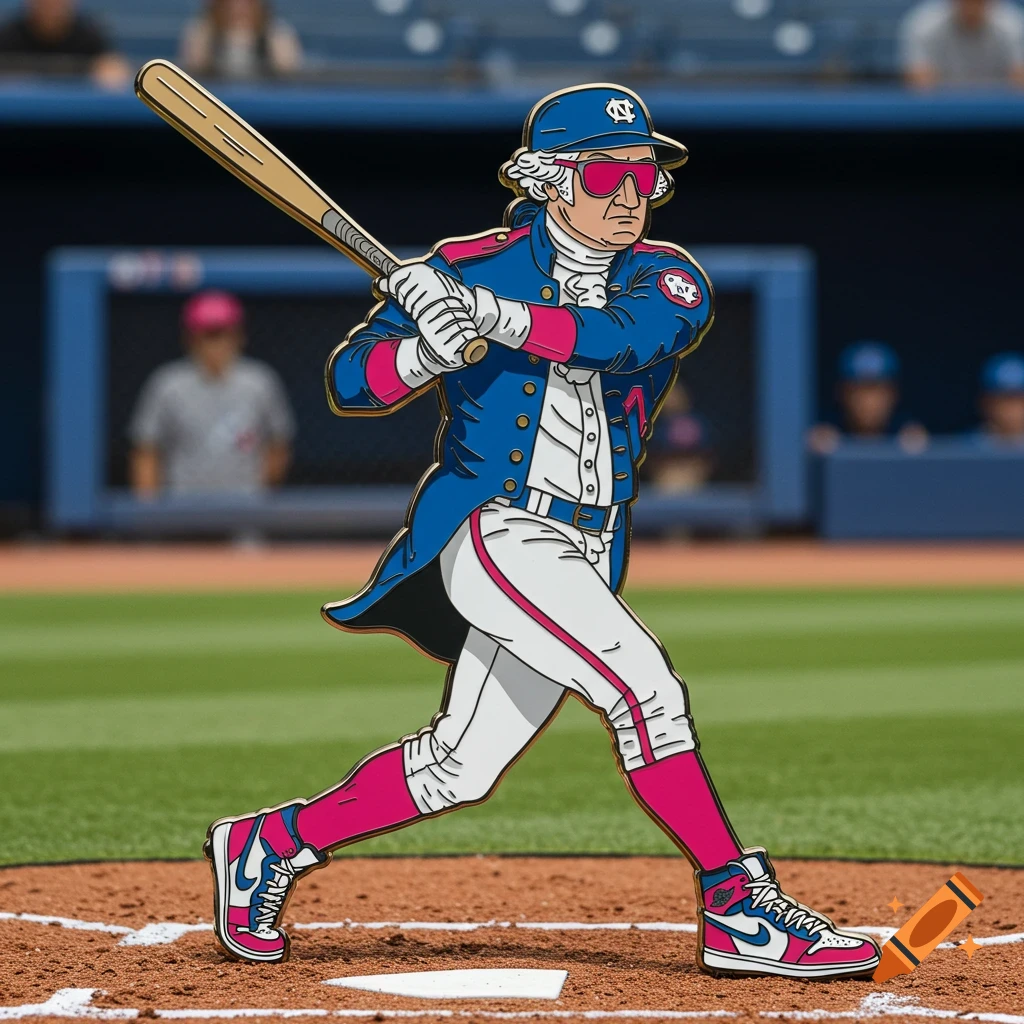Illustration of George Washington in a blue uniform, hot pink pants, and pink sunglasses, swinging a baseball bat on a field.