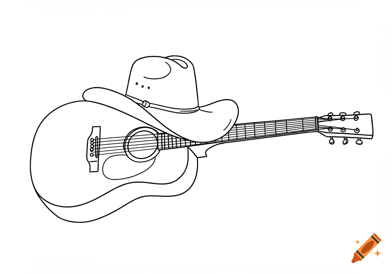 Line drawing of an acoustic guitar with a cowboy hat resting on its body.