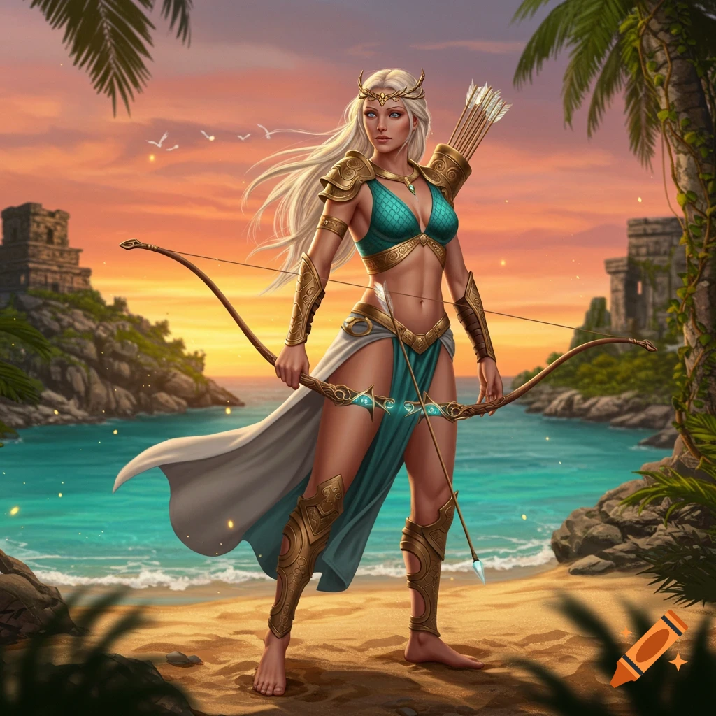 A fantasy illustration of a female archer in a teal and gold bikini-like outfit and armor, standing on a tropical beach at sunset with ruins in the background.