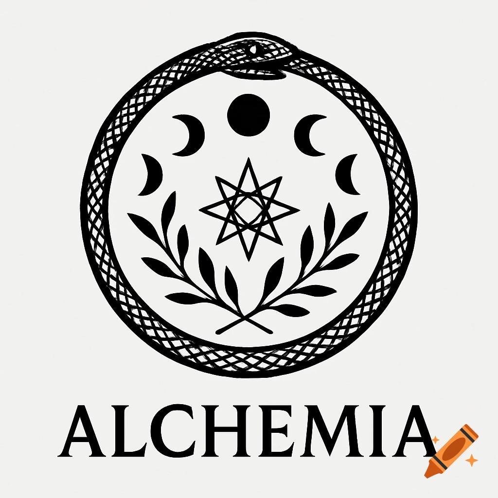 A black and white logo featuring an ouroboros serpent encircling moon phases, a star, and botanical branches, with the word ALCHEMIA below.