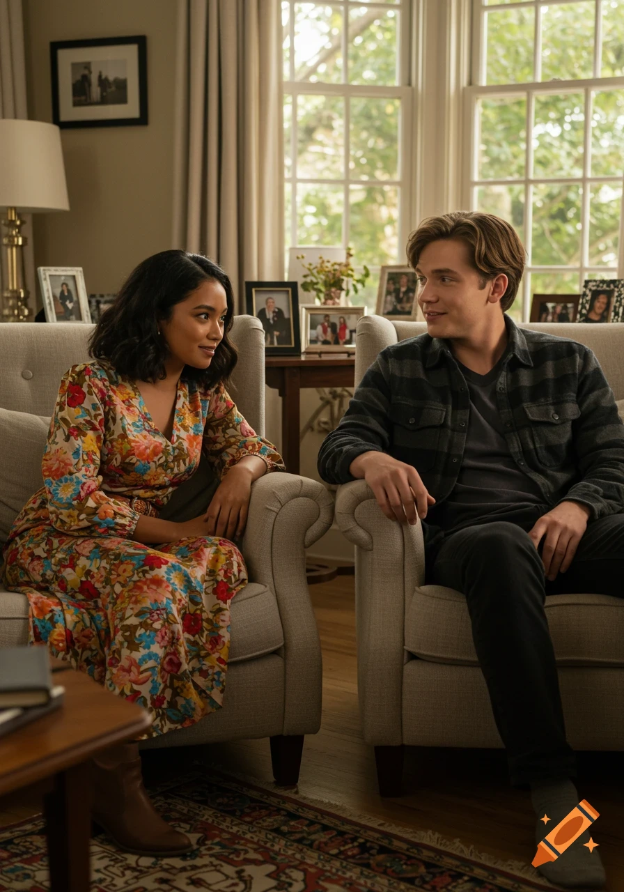 A young woman and man sit in armchairs in a cozy living room, looking at each other and conversing, bathed in warm sunlight.