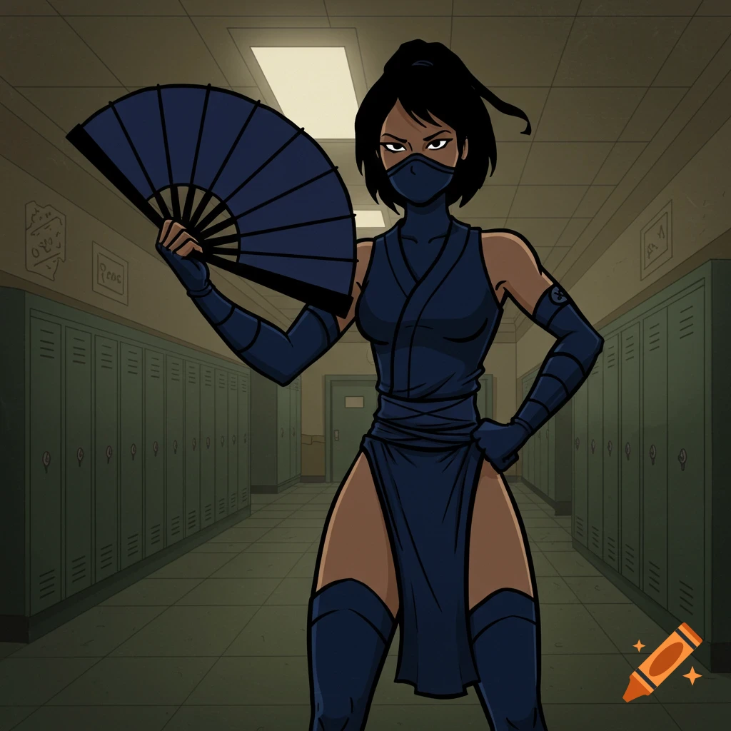 A stylized female ninja character with dark skin and hair, wearing a dark blue outfit and holding a fan, stands in a school hallway.