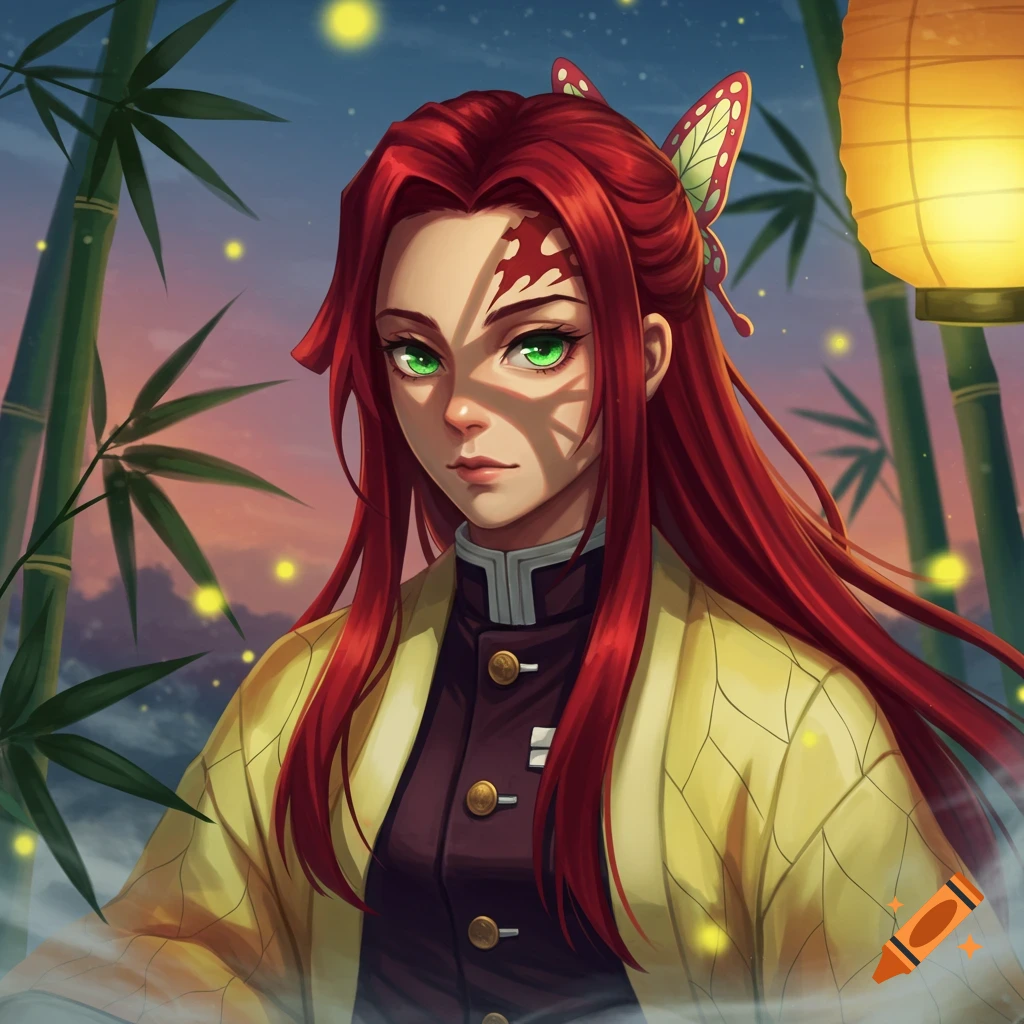 Anime illustration of a female character with long red hair, green eyes, and a forehead mark, wearing a yellow haori with a butterfly hairpin, standing among bamboo and glowing lights at night.