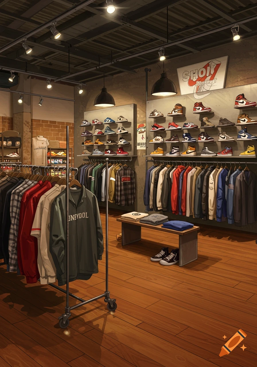 An anime-style interior of a clothing and shoe store with racks of clothes, shelves of sneakers, and a bench with shoes.