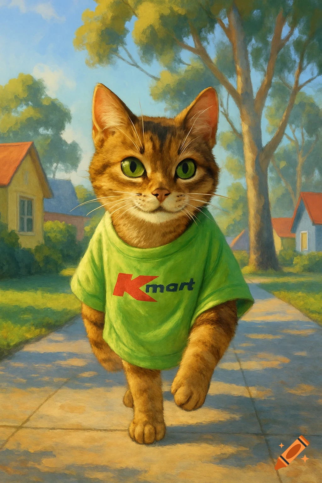 A tabby cat in a green Kmart t-shirt walks on a sidewalk in a painterly suburban scene.