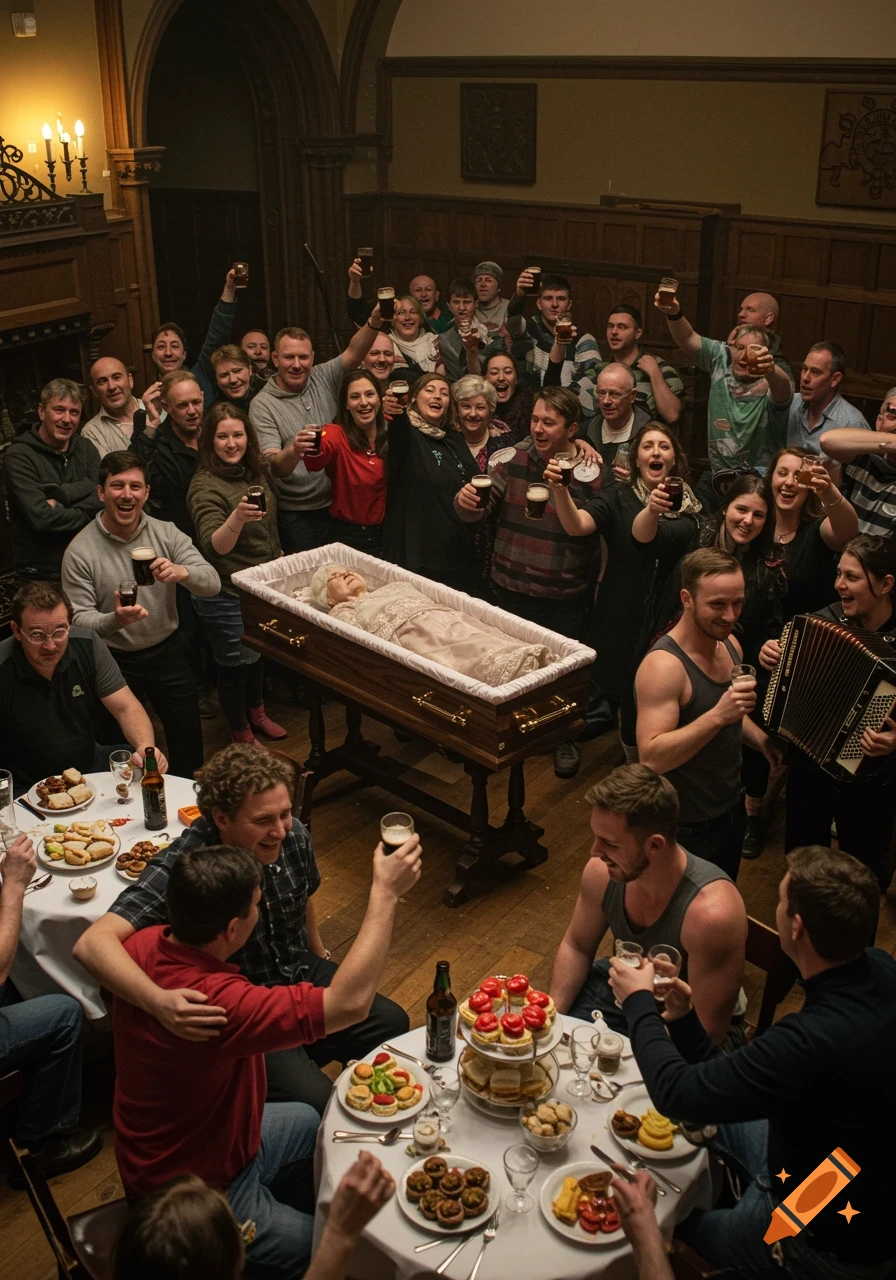 A large group of people raise glasses in a toast around an open coffin with a deceased person, enjoying a celebration with food and music in a large room.