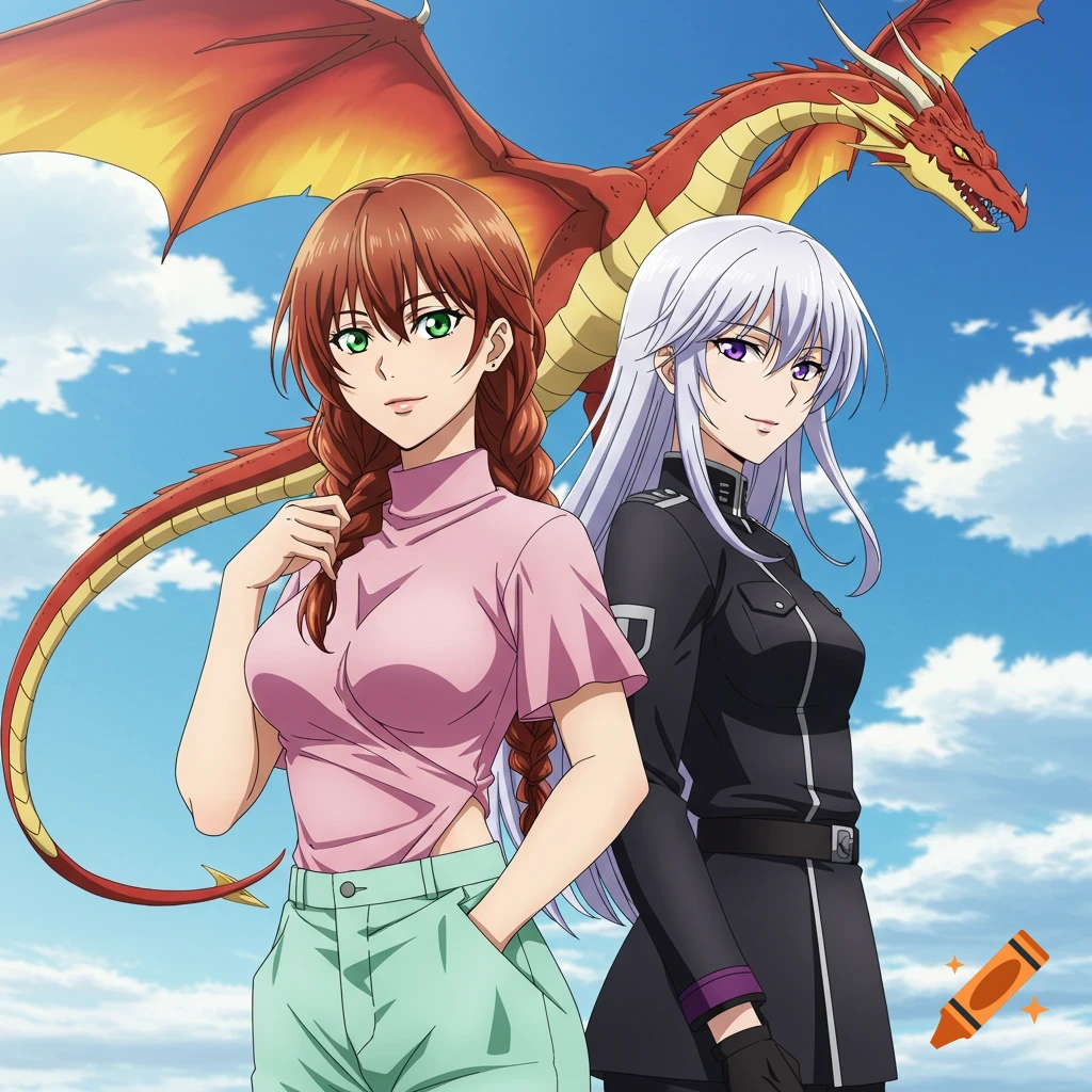 Two anime women, one with auburn braided hair and the other with silver hair, stand under a blue sky with a dragon flying above.
