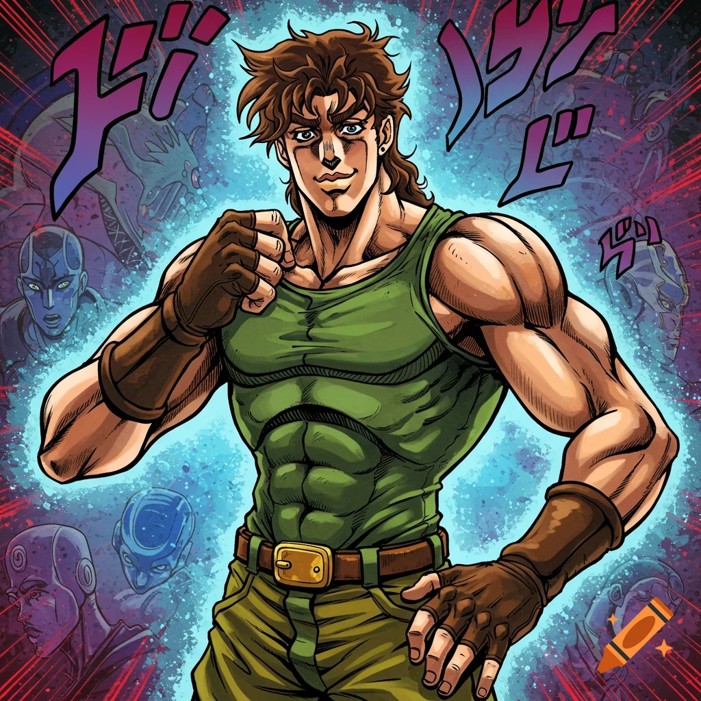 Muscular Joseph Joestar in anime style with green tank top, blue aura, and Japanese sound effects.