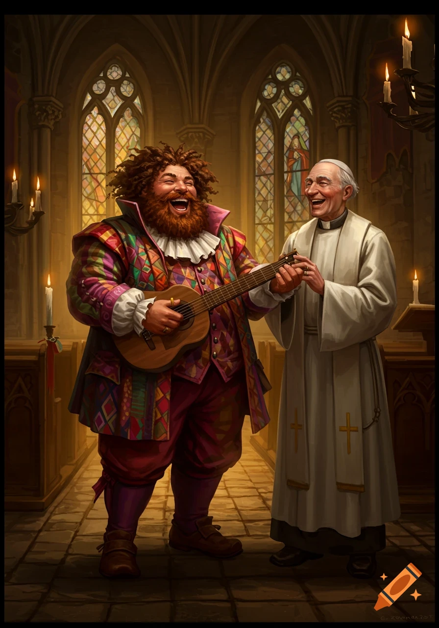 A cheerful bearded bard in colorful attire plays a ukulele next to a laughing priest inside a church with stained glass windows.
