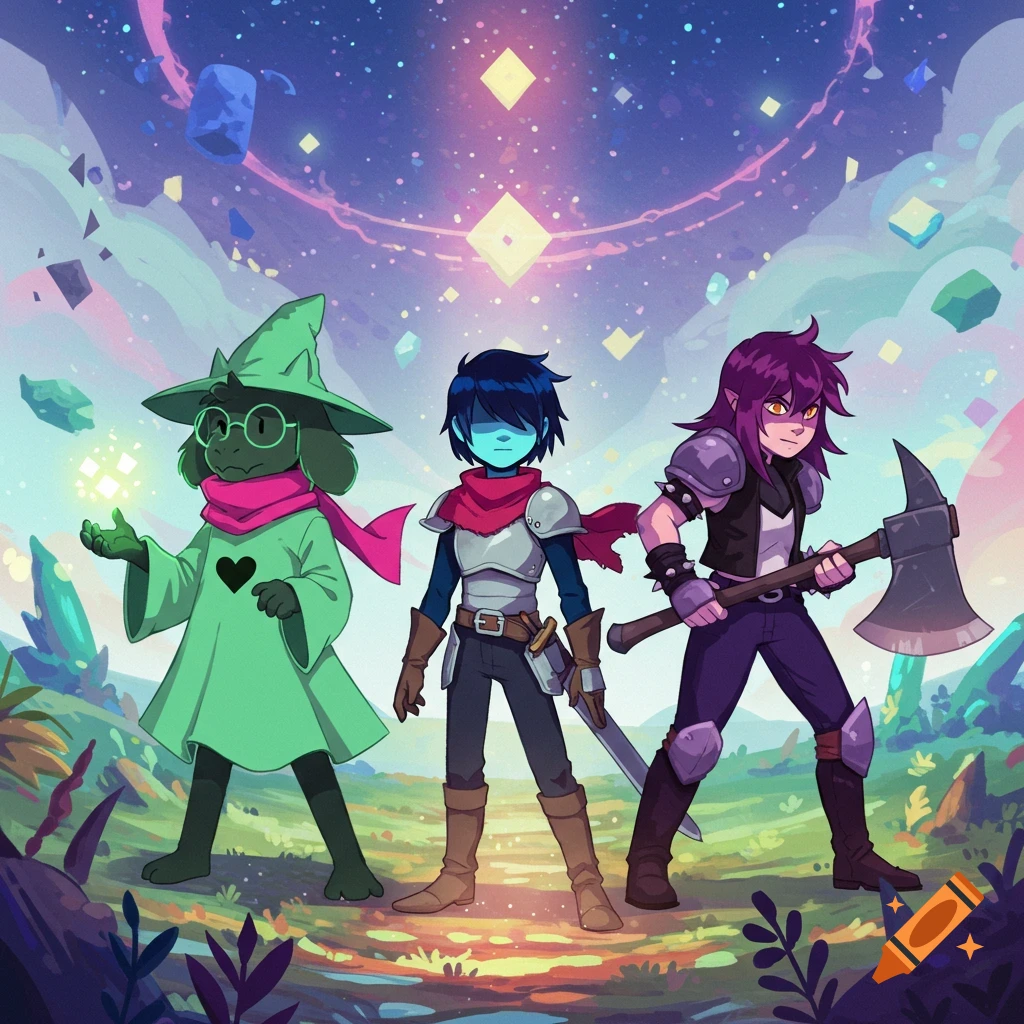 Ralsei, Kris, and Susie from Deltarune stand in a vibrant, mystical landscape with floating crystals and a starry sky.