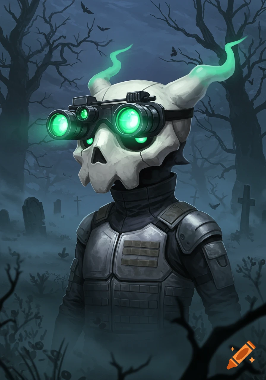 A skull-headed character with glowing green goggles and tactical armor stands in a misty graveyard at dusk. Stylized illustration.