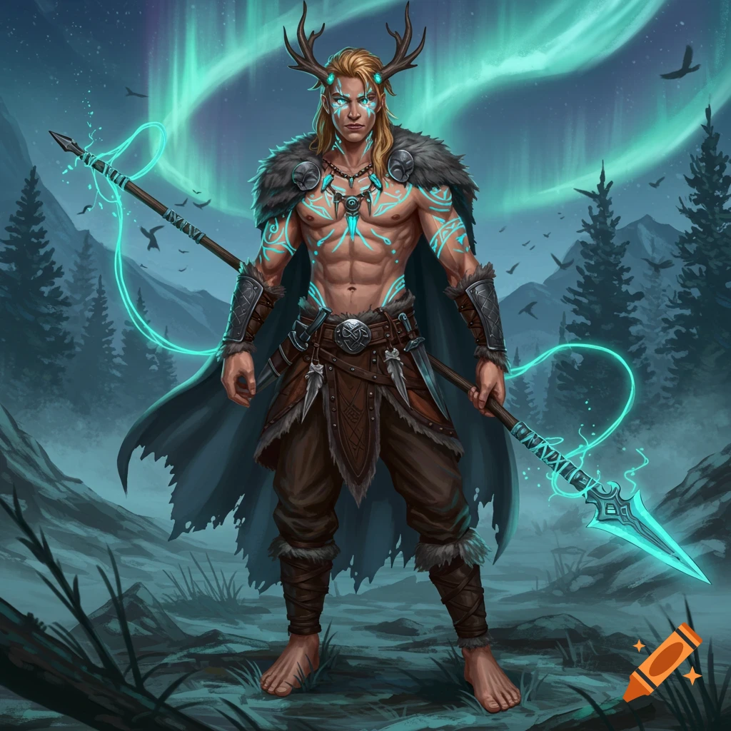 A powerful male fantasy druid with antlers, glowing tattoos, and a fur cape stands barefoot in a snowy forest, holding a glowing spear under an aurora.