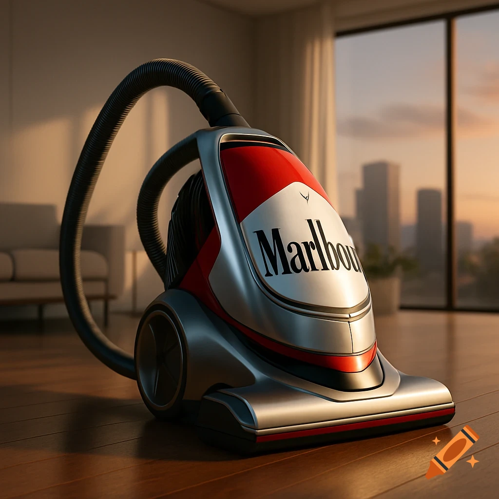 A photorealistic image of a red and silver vacuum cleaner with a Marlboro logo, set in a modern room with a city view at sunset.
