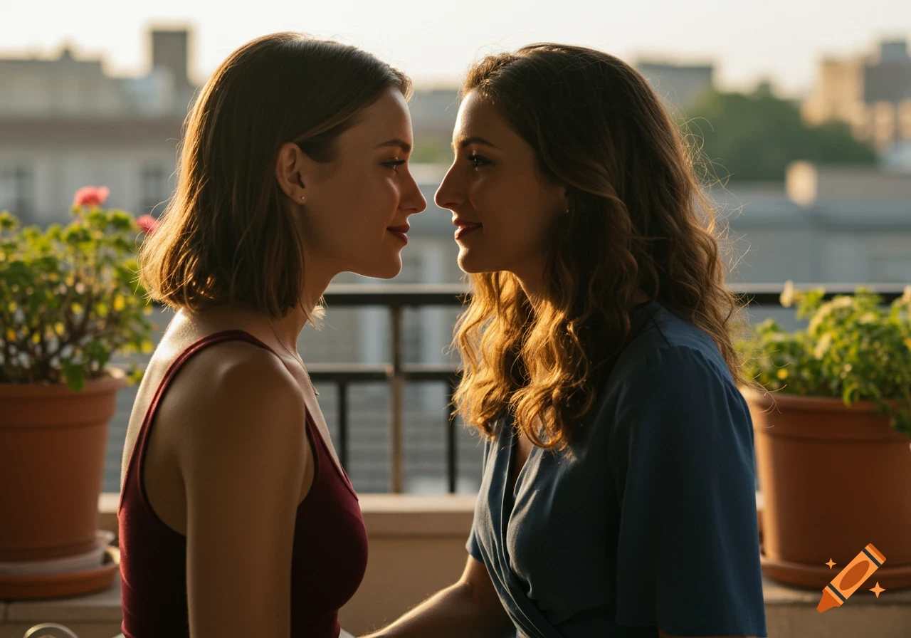 Two women with brown hair, one in a maroon top and the other in a blue dress, lean in close on a balcony, appearing to be about to kiss.