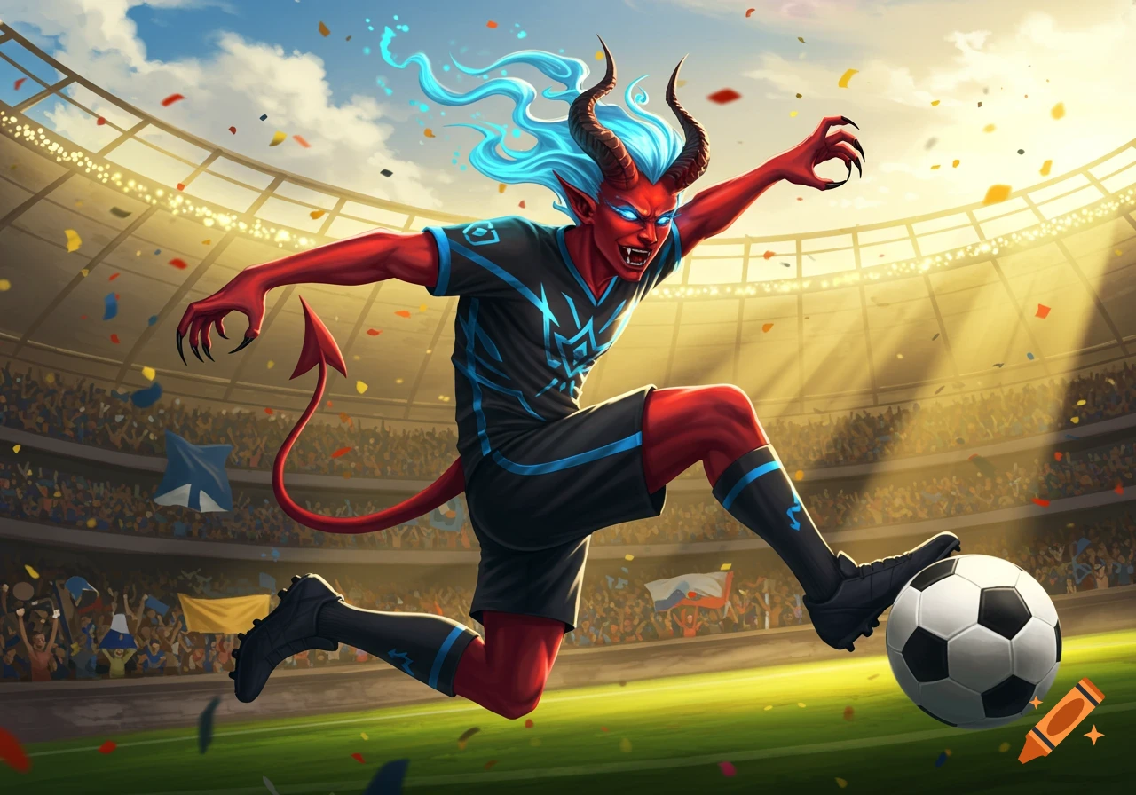 A stylized red-skinned demon with blue hair and horns, wearing a soccer uniform, kicks a ball in a stadium filled with cheering fans.