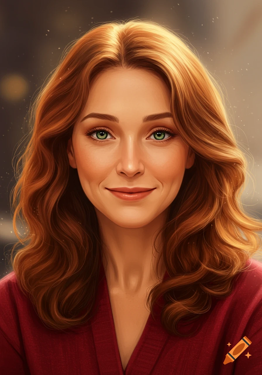 A close-up digital portrait of a smiling woman with wavy auburn hair, bright green eyes, and a red cardigan.