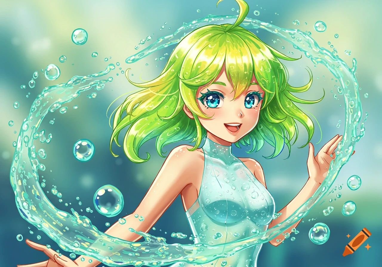 An anime girl with vibrant green hair and blue eyes smiles, surrounded by a splash of water and bubbles.