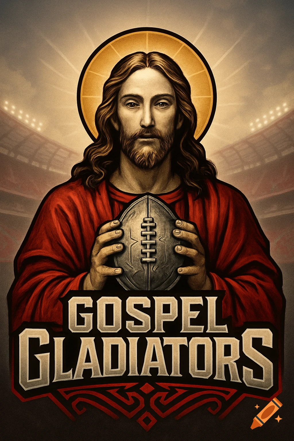 Illustration of Jesus with a halo, holding a football, in front of a stadium, with 'GOSPEL GLADIATORS' text below.