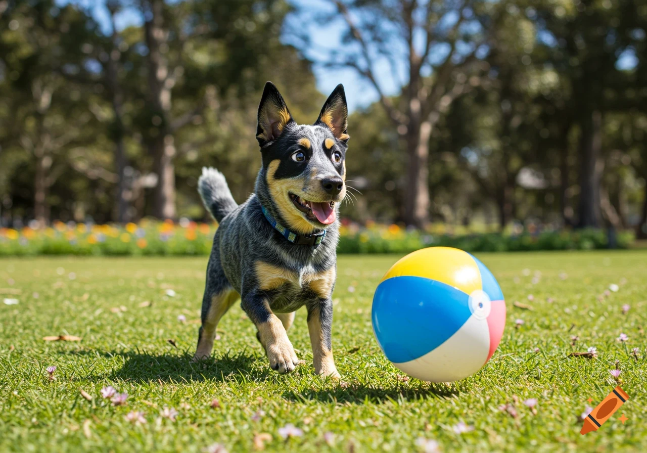 A blue heeler puppy on green grass looks at a colorful beach ball in a sunny park.