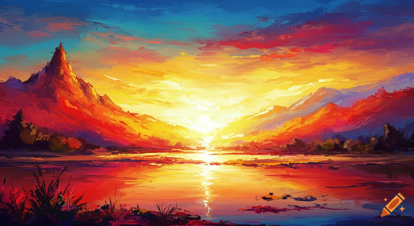 Vibrant, expressive landscape painting of a sunset over a calm lake framed by mountains, reflecting bright oranges and purples.