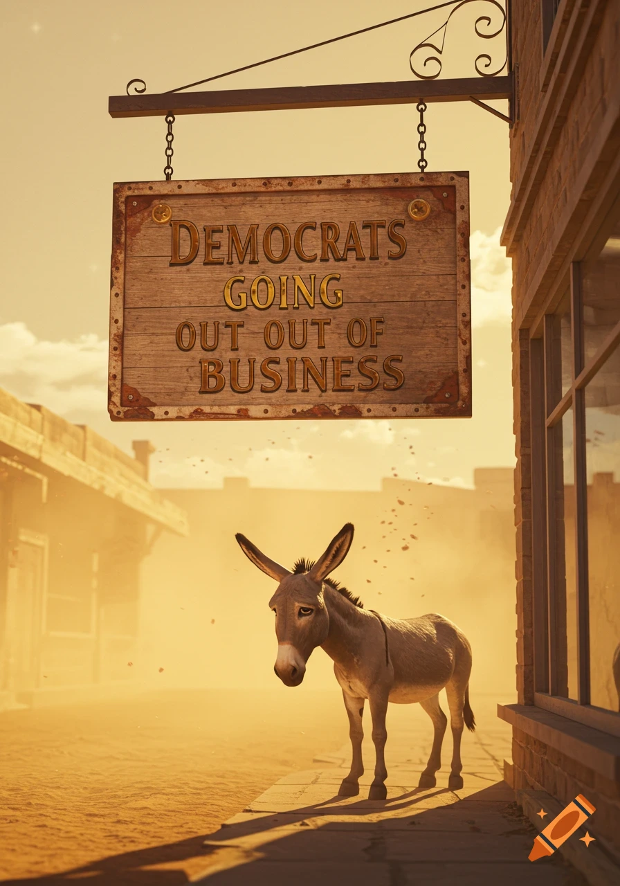 A donkey stands in a dusty street under a wooden sign reading "Democrats Going Out Out of Business" in a photorealistic style.