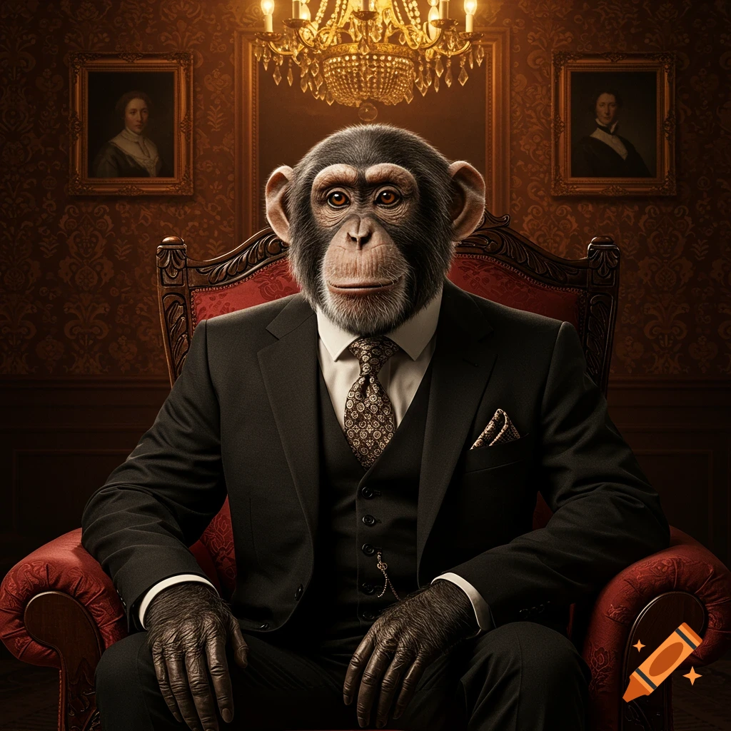 A photorealistic chimpanzee in a dark suit sits in a red armchair in an ornate, dim room.