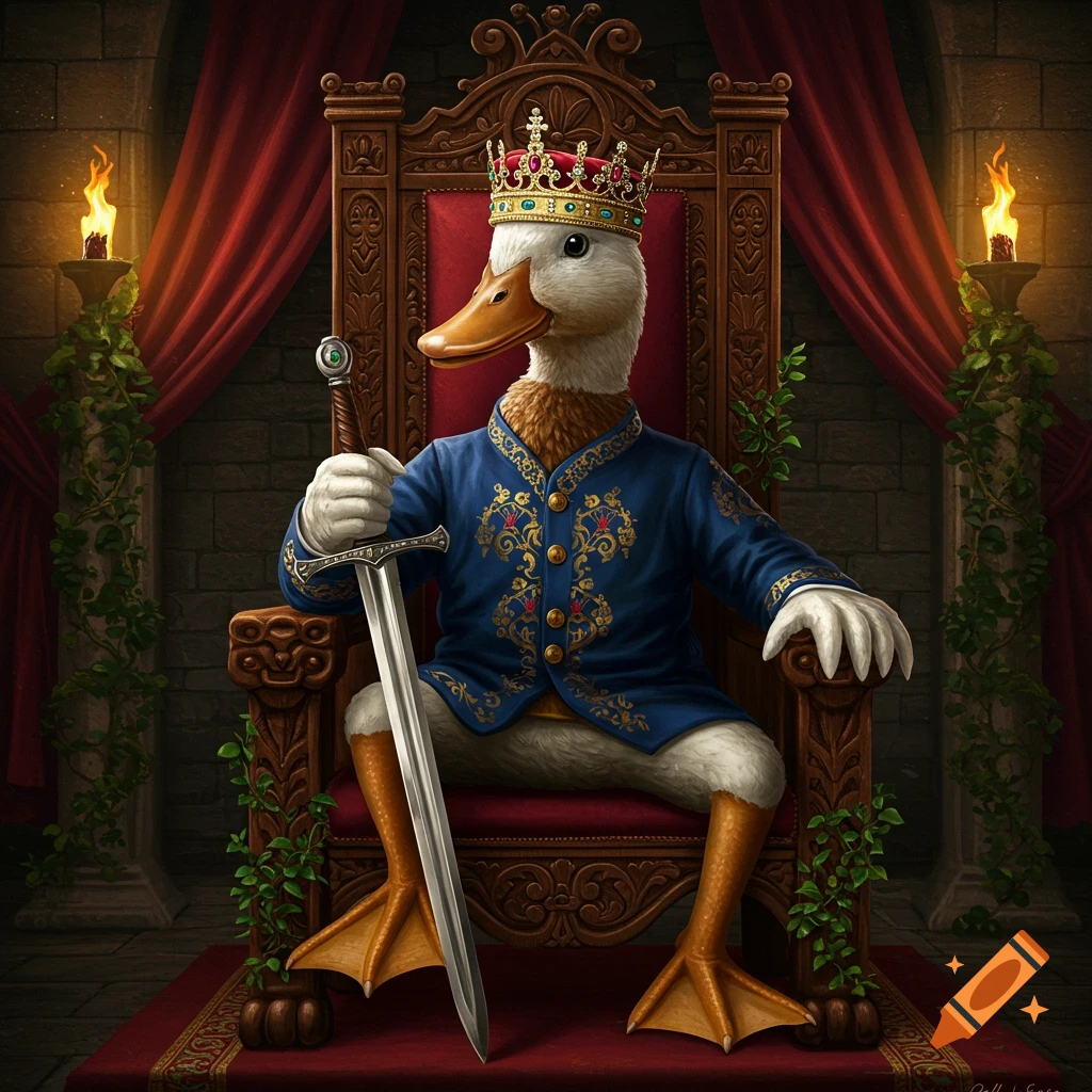 A majestic duck king in a blue suit and crown sits on a throne, holding a sword in a torch-lit castle room.