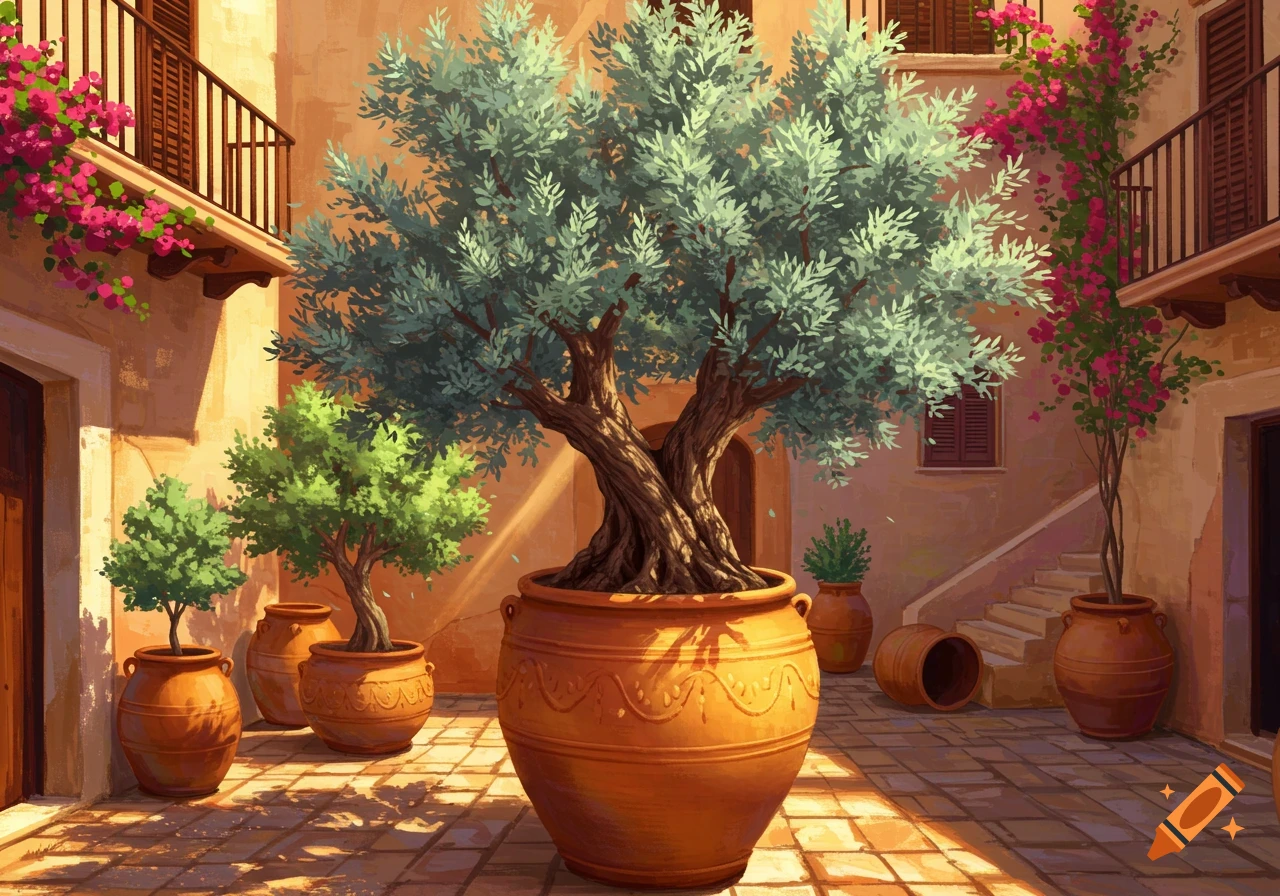 A vibrant painting of a Mediterranean courtyard with a large olive tree in a pot, smaller potted plants, and buildings with balconies and flowering vines.