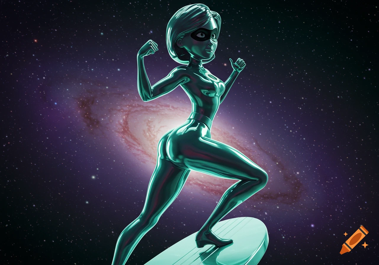 A metallic, reflective superhero character, resembling Elastigirl as the Silver Surfer, poses on a surfboard against a backdrop of a vibrant galaxy.