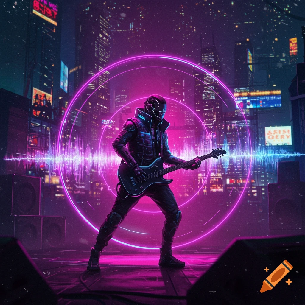 A dynamic digital painting of a futuristic musician playing guitar on a neon-lit stage in a dark cyberpunk city, surrounded by glowing soundwaves.
