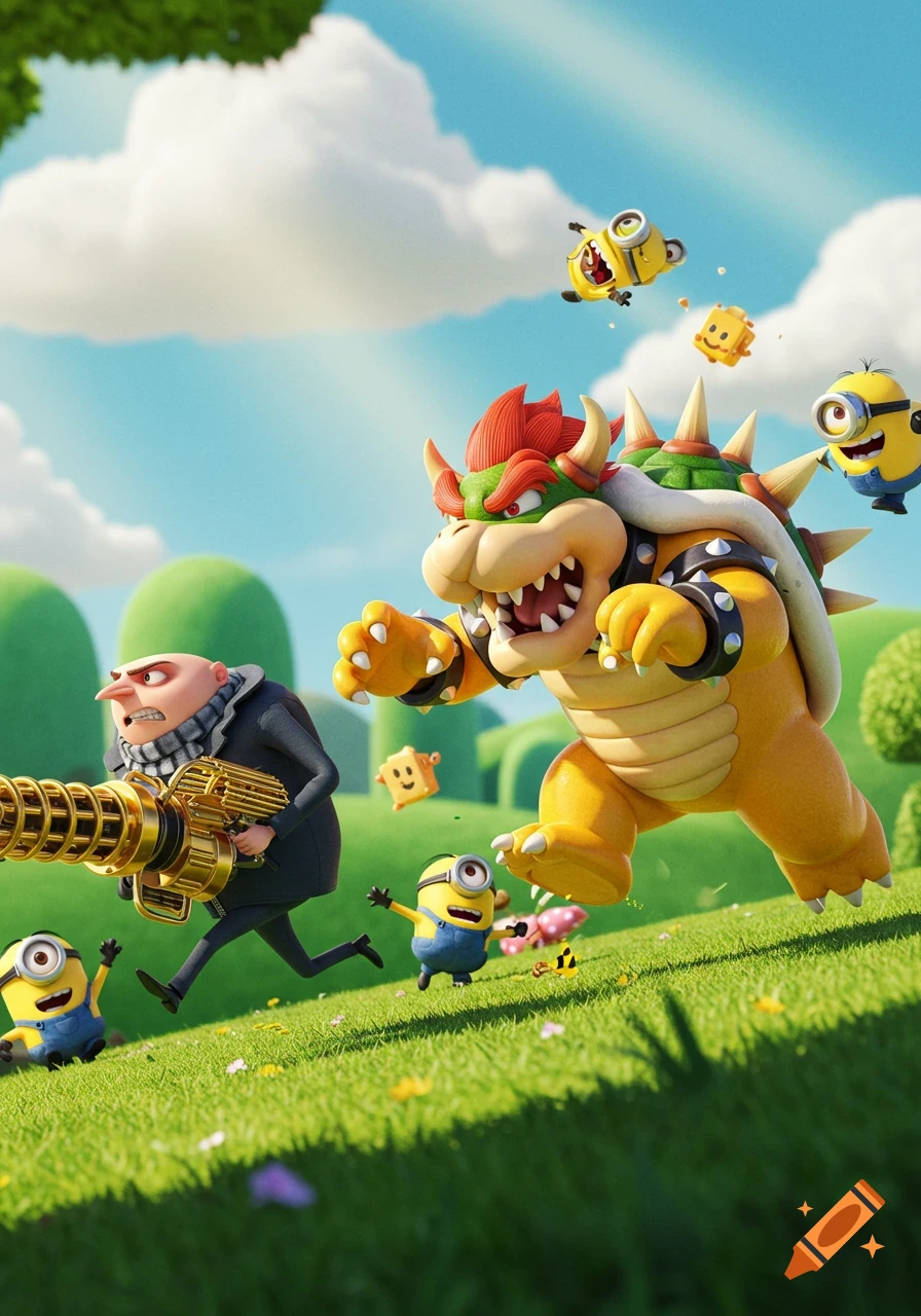 Gru from Despicable Me runs with a golden minigun while Bowser and several Minions run across a vibrant green field under a blue sky.