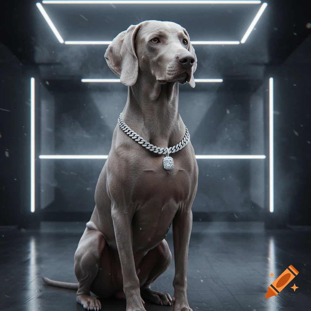A silver Weimaraner dog wearing a diamond cuban link chain, sitting in a dark room with neon lights.