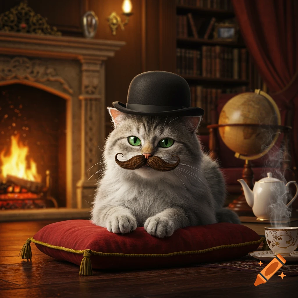 A fluffy gray cat with green eyes wears a black bowler hat and a large brown mustache, sitting on a red pillow by a fireplace in a cozy study.