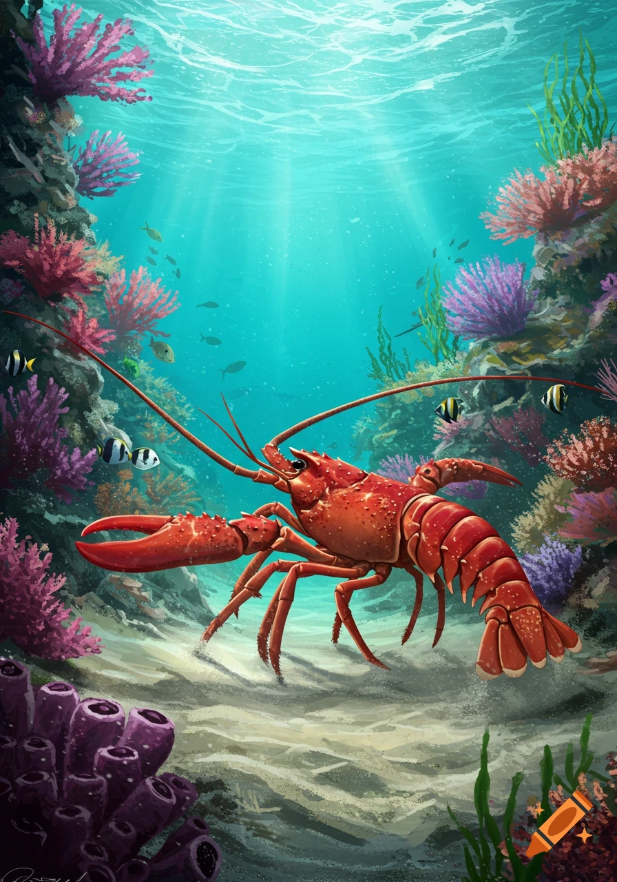 A vibrant red lobster sits on the sandy seabed of a colorful coral reef, with sunlight filtering through the turquoise water.