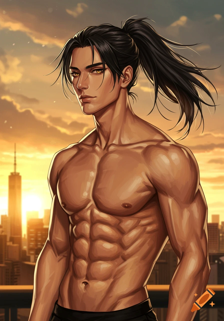 Digital art of an athletic man with dark hair in a ponytail and amber eyes, shirtless with defined abs, standing against a city skyline at sunset.